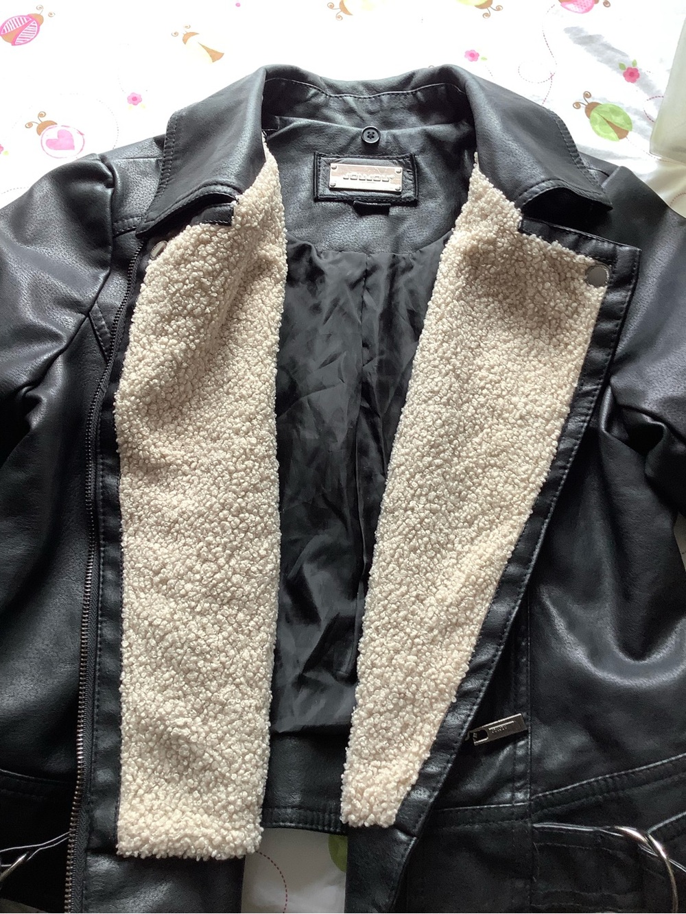 Black Faux Leather Jacket with Cream Sherpa Lining - Women
